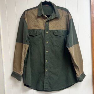 Vintage Duxbak Men's Long Sleeve Button Down Green and Tan Size Large/X-Large(?)